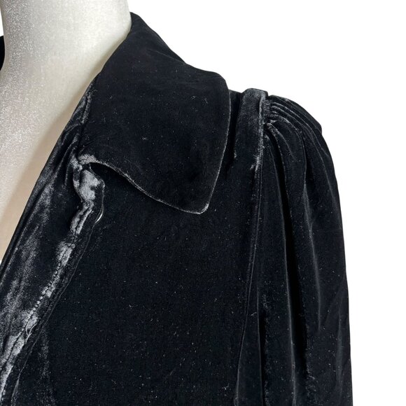 Lily Black Silk Velour Velvet Button Up Duster Coat Medium Floral Lined Pockets - Picture 3 of 8
